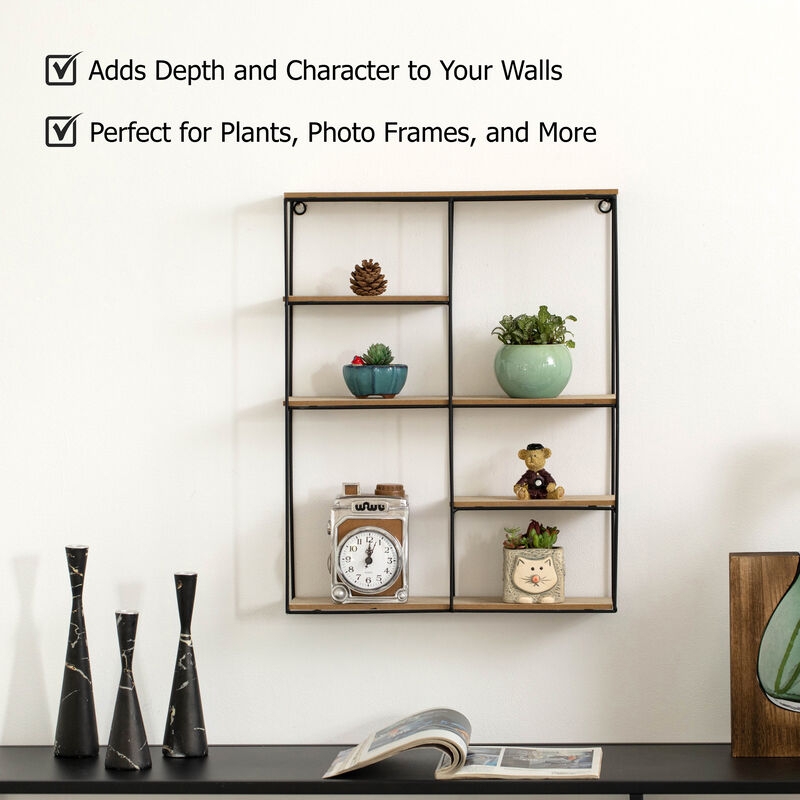 4-Tier Wall Shelf, Industrial Black Metal Wireframe & Wood Planks, Rustic