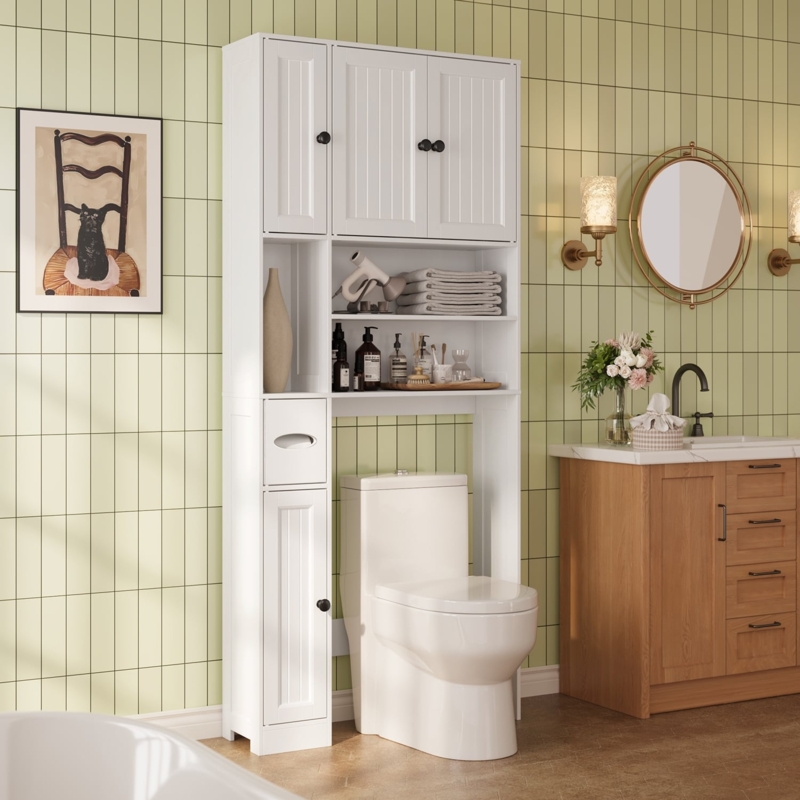 70" Freestanding Above Toilet Storage Cabinet, Adjustable Bathroom Shelving  With Anti-Tip Devices