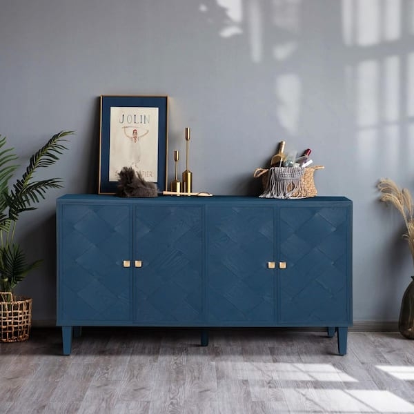 Accent Cabinet Navy Blue Four-Door with Splayed Wood Legs