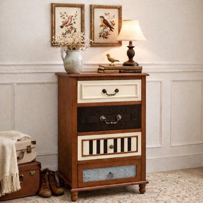 Accent Chest Mixed Drawer Fronts Hand Carved Brown Boho Cabinet