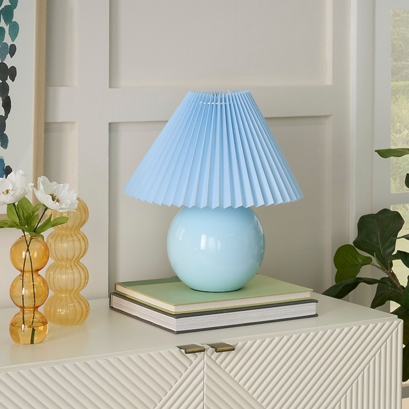 Accent Lamp, Light Blue Ceramic, Pleated Empire Shade, Round Base