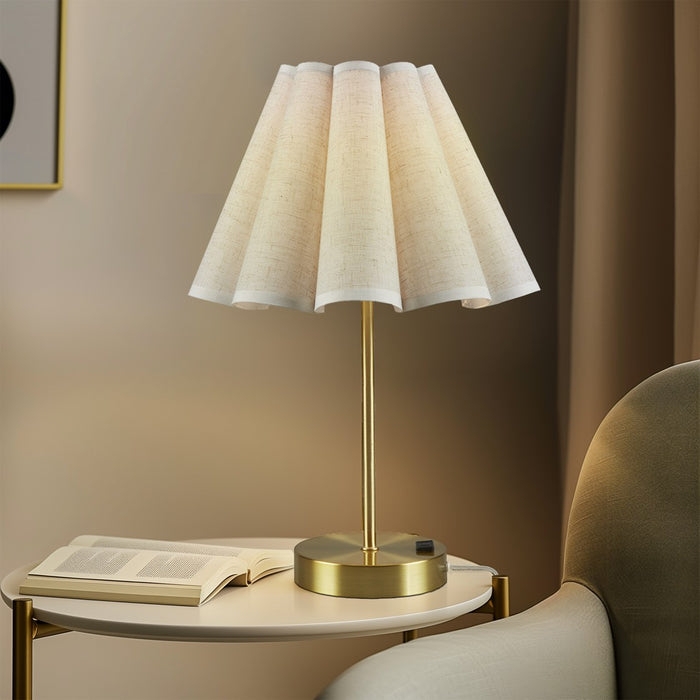 Accent Table Lamp Gold Base Pleated Tapered Shade USB