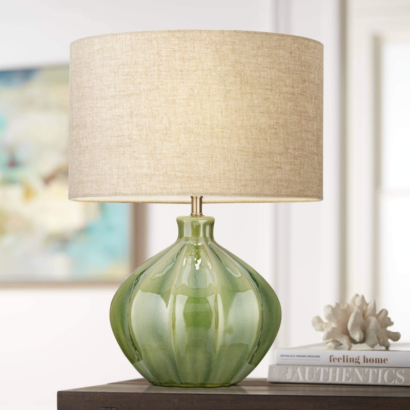 Accent Table Lamp Ribbed Ceramic Base Oatmeal Shade Cottagecore Style