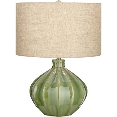 Accent Table Lamp Vertical Ribbing Sage Green Ceramic Oatmeal Shade