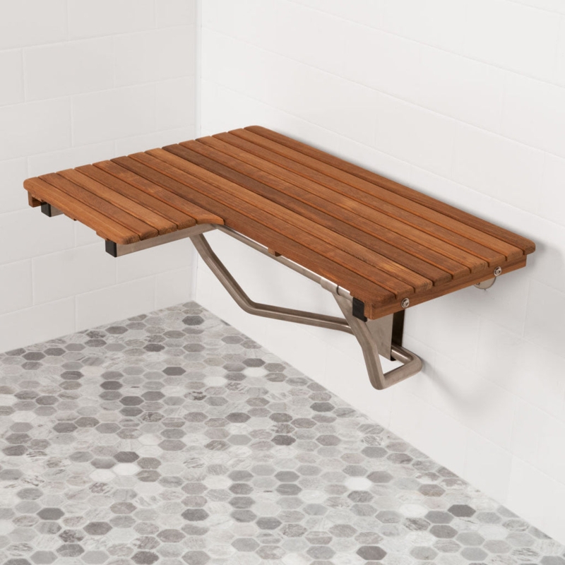 ADA Compliant L-Shaped Shower Seat with Metal Frame and Teak Slats