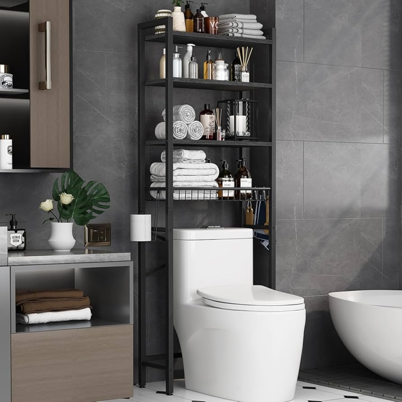 Adjustable Over The Toilet Storage Rack with Mesh Basket Top.