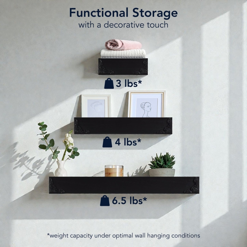 American Art Decor Vintage Black Ornate Trim 3-Piece Floating Wall Shelf Set - 2" x 17.75"