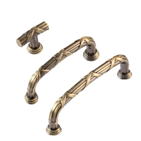 Antique Brass Bar Pull with Knurled Texture and Smooth Ends