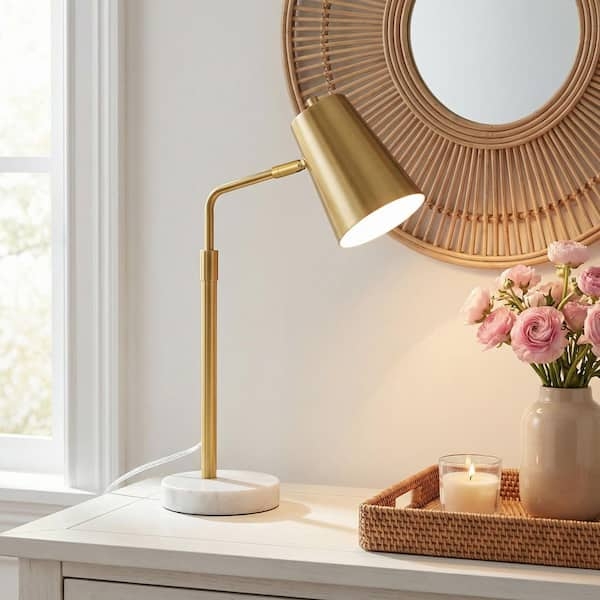 Antique Brass Desk Lamp with Marble Base and Adjustable Arm
