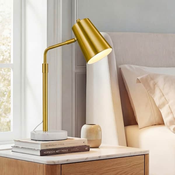 Antique Brass Desk Lamp with Marble Base and Cylindrical Shade