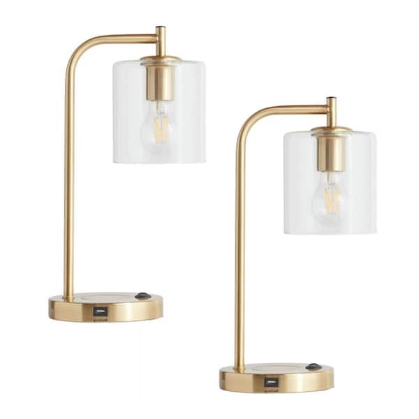 Antique Brass Desk Lamp with Wireless Charging Pad and Glass Shade.