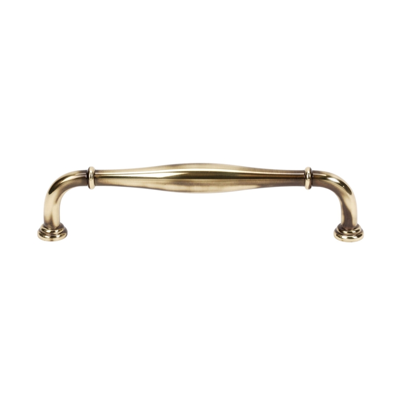 Antique Brass Drawer Pull with Circular Backplates on Navy Cabinetry