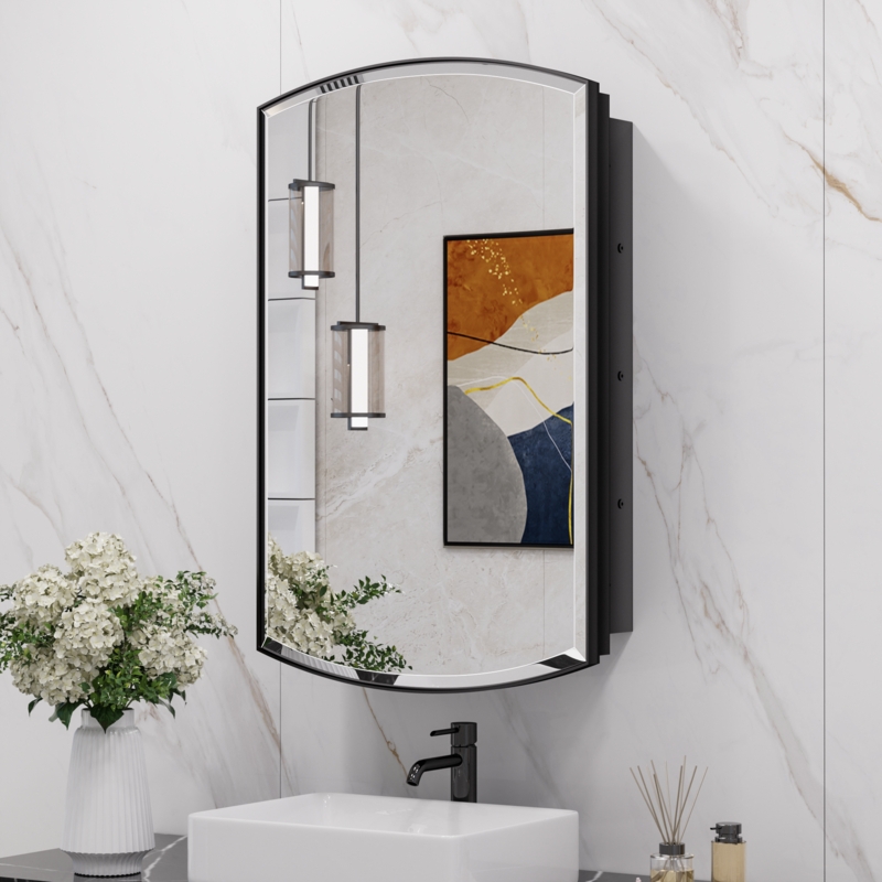 Arched Black Medicine Cabinet with Beveled Mirror Edges and Glass Shelves.