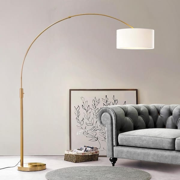 Arched Floor Lamp Antique Brass Finish Marble-Like Base Drum Shade