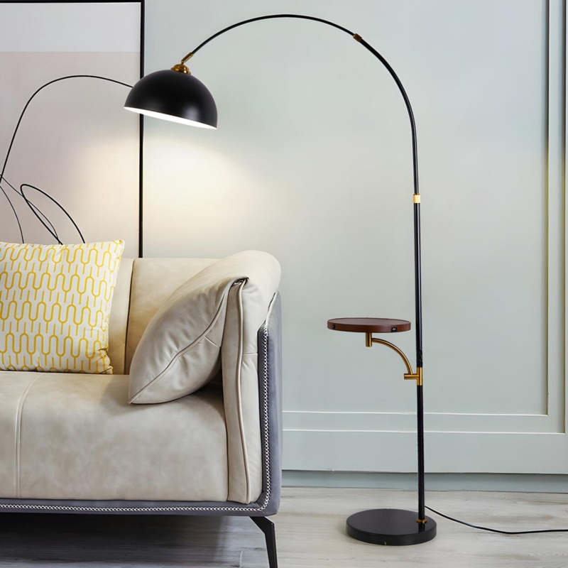 Arched Floor Lamp, Integrated Side Table, Matte Black Metal, Cone Shade