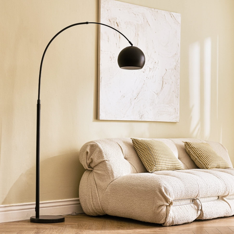 Arched Floor Lamp, Matte Black, Weighted Marble-Like Base, Dome Shade