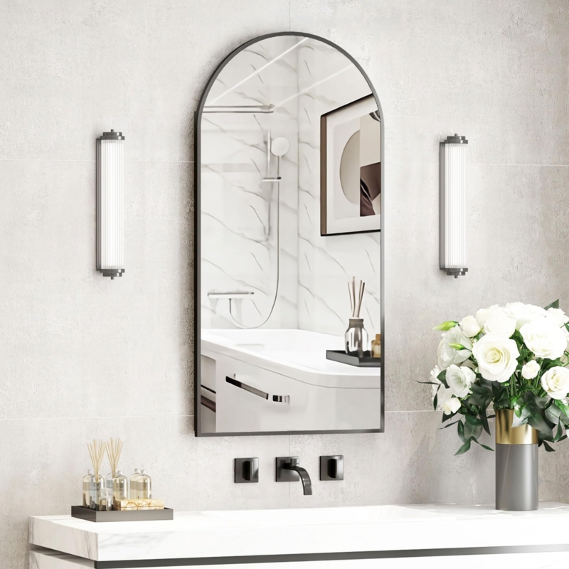 Arched Medicine Cabinet, Matte Black Edge, Modern Glass Shelves.