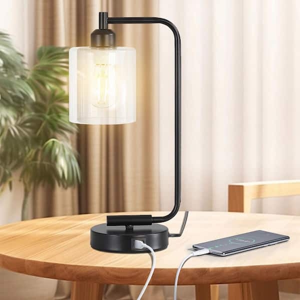 Arched Metal Desk Lamp with Clear Glass Shade and USB Charging Port.