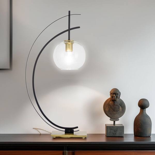 Arched Table Lamp, Black and Gold, Hanging Glass Dome Shade