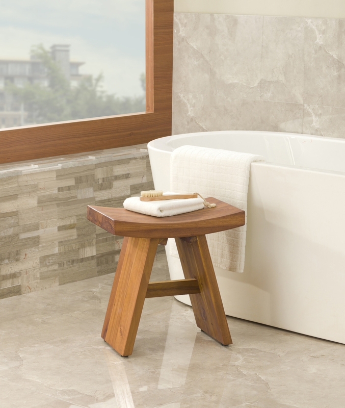 Asian Inspired Wood Shower Bench, Concave Seat and Cross Bracing