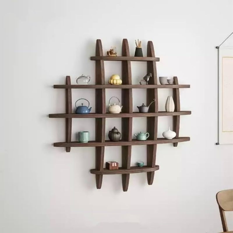Asymmetrical Wood Curio Shelf Wall Mounted Trinket Display