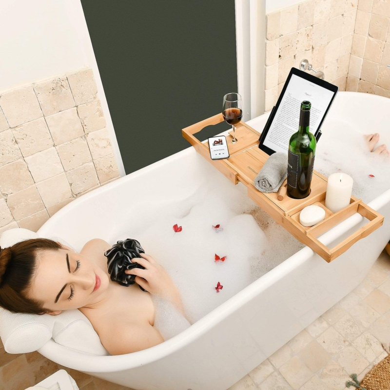 Bamboo Bath Caddy with Integrated Tech Stand & Expandable Design