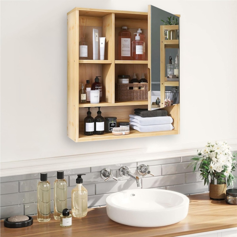 Bamboo Medicine Cabinet with Mirrored Door and Side Storage Tiers