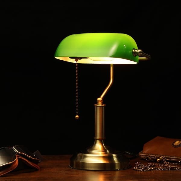 Bankers Lamp Emerald Green Glass Polished Brass Round Base Traditional