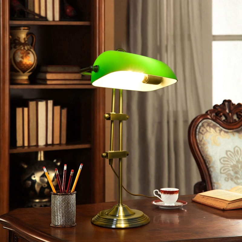 Bankers Lamp Emerald Green Glass Shade Adjustable Stand Traditional Desk