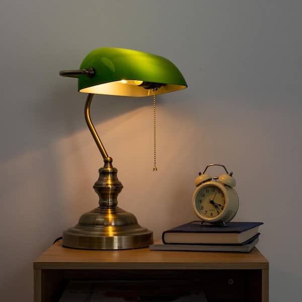 Bankers Lamp Emerald Green Glass Shade Polished Brass Base