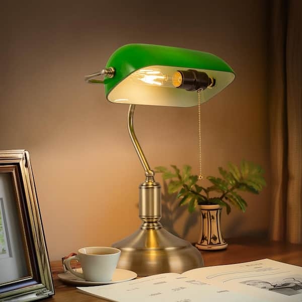 Bankers Lamp Green Glass Shade Polished Gold Finish Pull Chain Switch