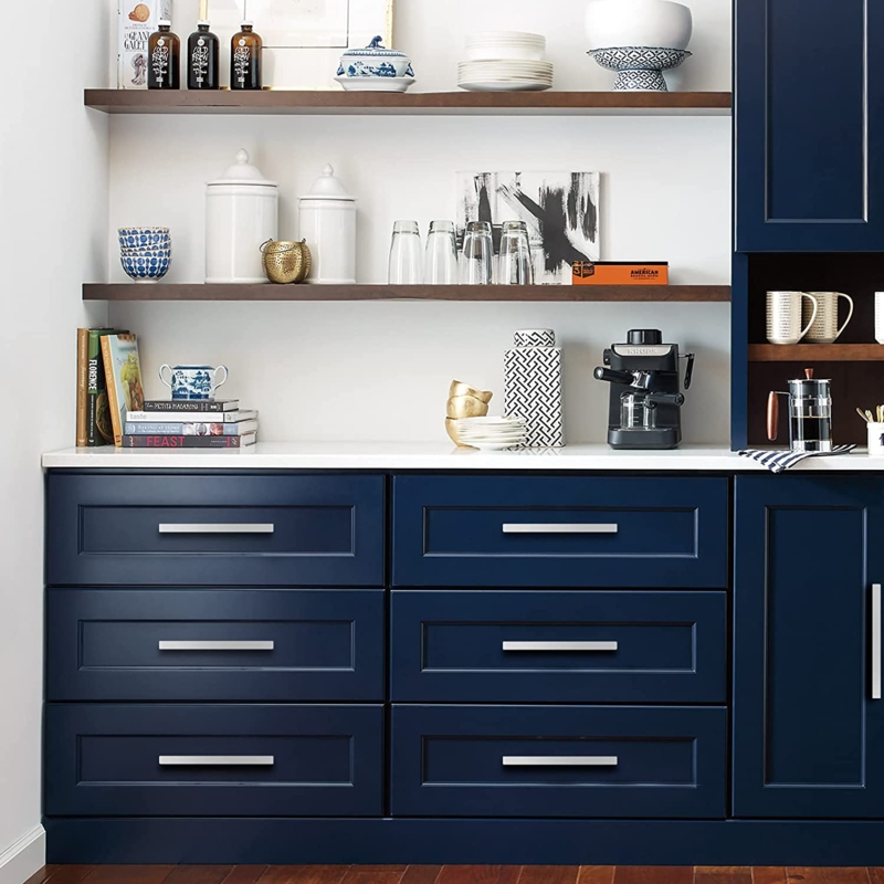 Bar Style Cabinet Pulls in Brushed Nickel Finish on Gray Shaker Cabinetry.