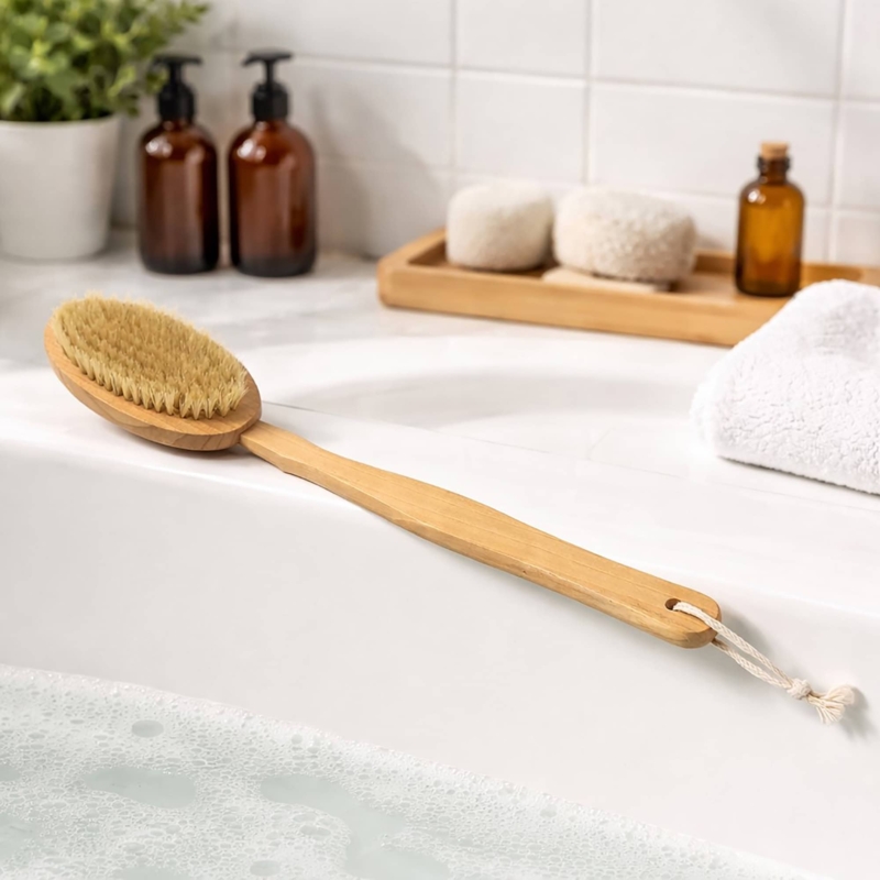 Bath Brush Curved Handle Long Reach Natural Fibers Wooden Bath Brush