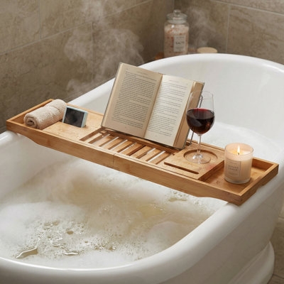 Bath Caddy Expandable Bamboo Slatted Base Spa-Like Bathtub Decor