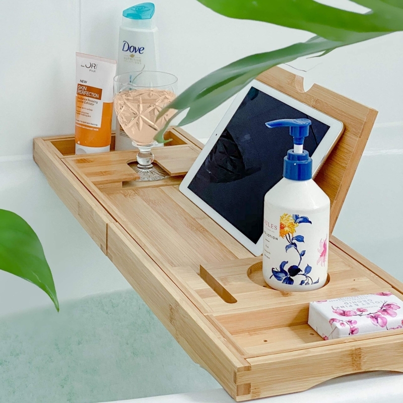 Bath Caddy with Expandable Metal Arms, Light Wood & Wine Slot
