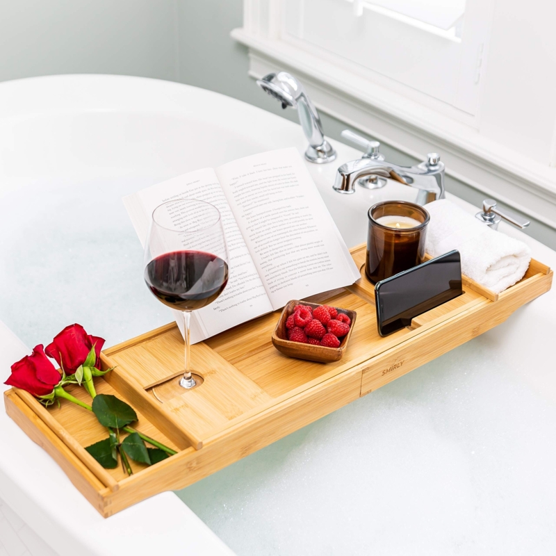 Bath Caddy with Extendable Arms and Glass Holder for Relaxation