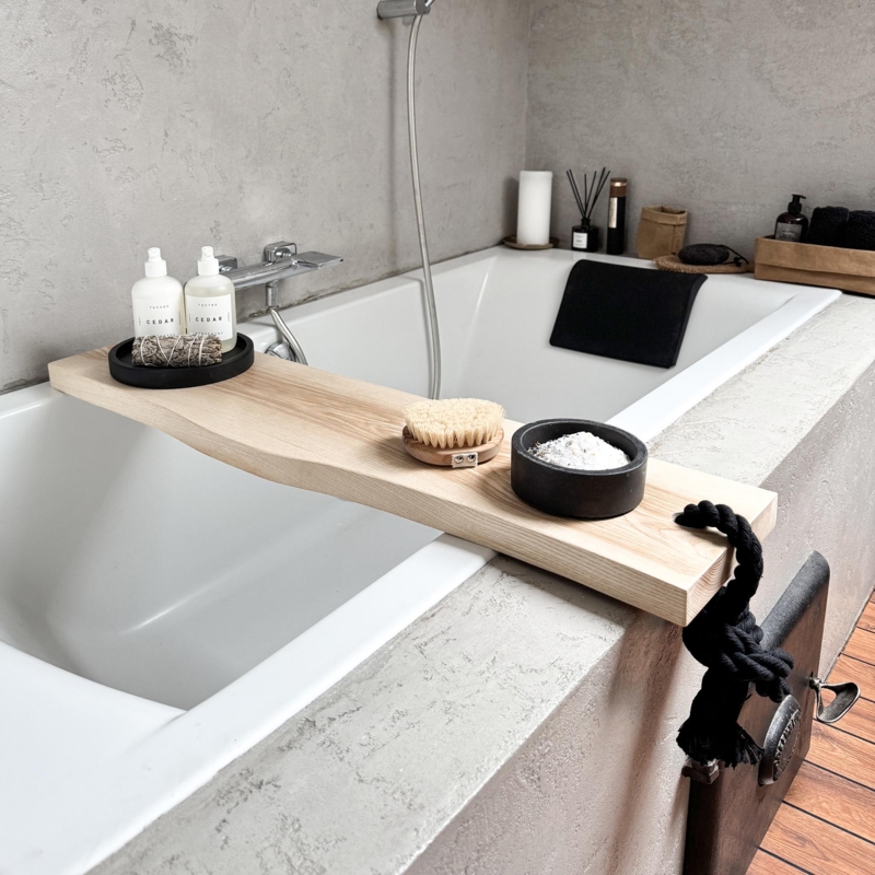 Bath Caddy with Rope Handles and Live Edge for Rustic Spa Decor