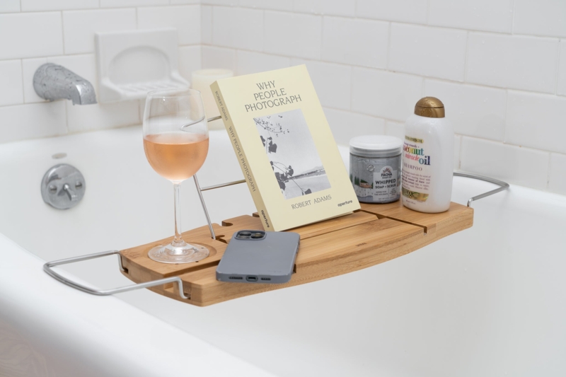Bath Tray with Tablet Holder and Slotted Design for Minimalist Organization