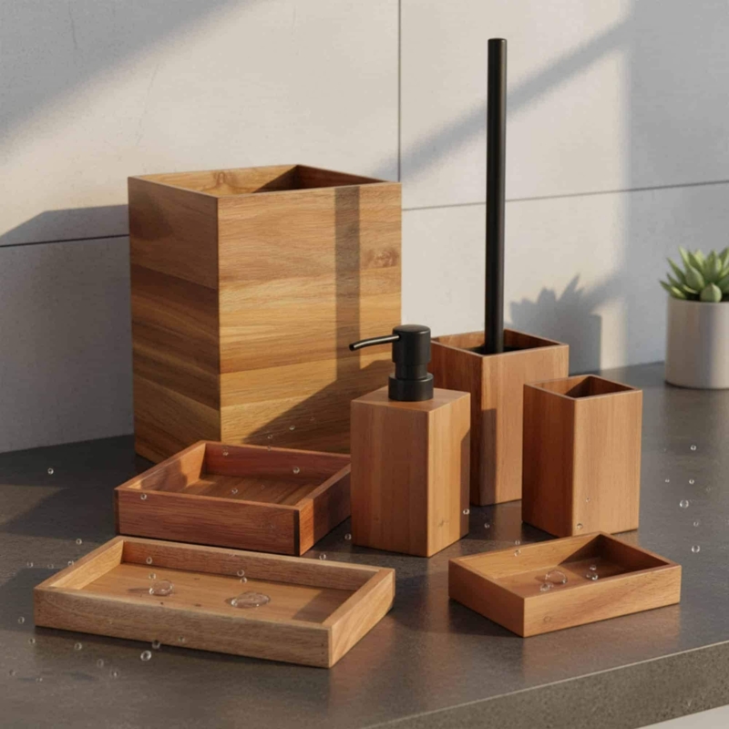 Bathroom Accessory Set Acacia Appearance Silver Natural Wood Set