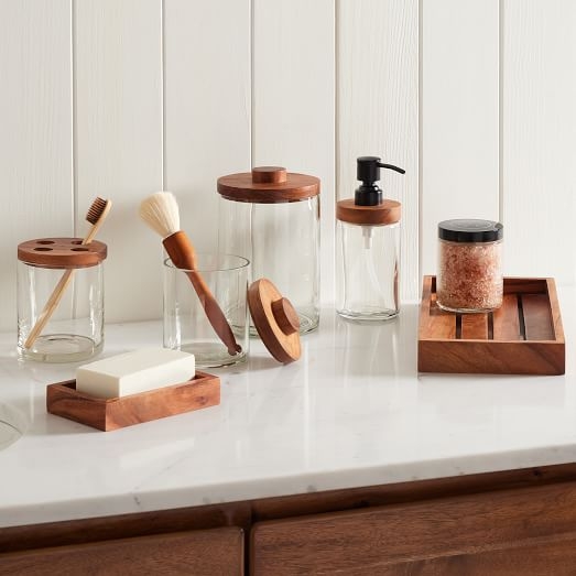 Bathroom Accessory Set Glass Wood Accent Lids Modern Vanity Decor
