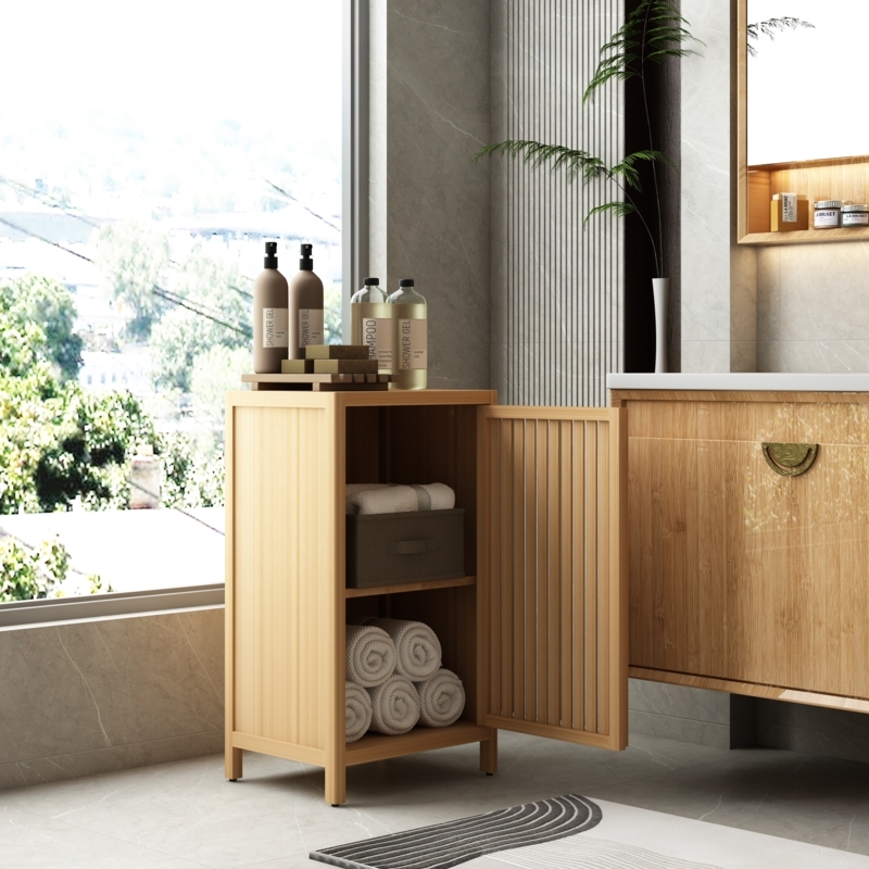 Bathroom Cabinet Bamboo with Louvered Door, Freestanding Storage Unit