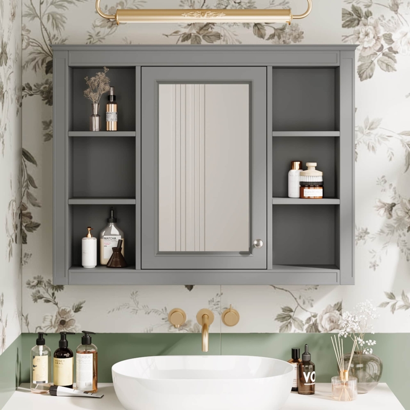 Bathroom Cabinet Mirrored Doors Open Lower Shelf Wall Mounted