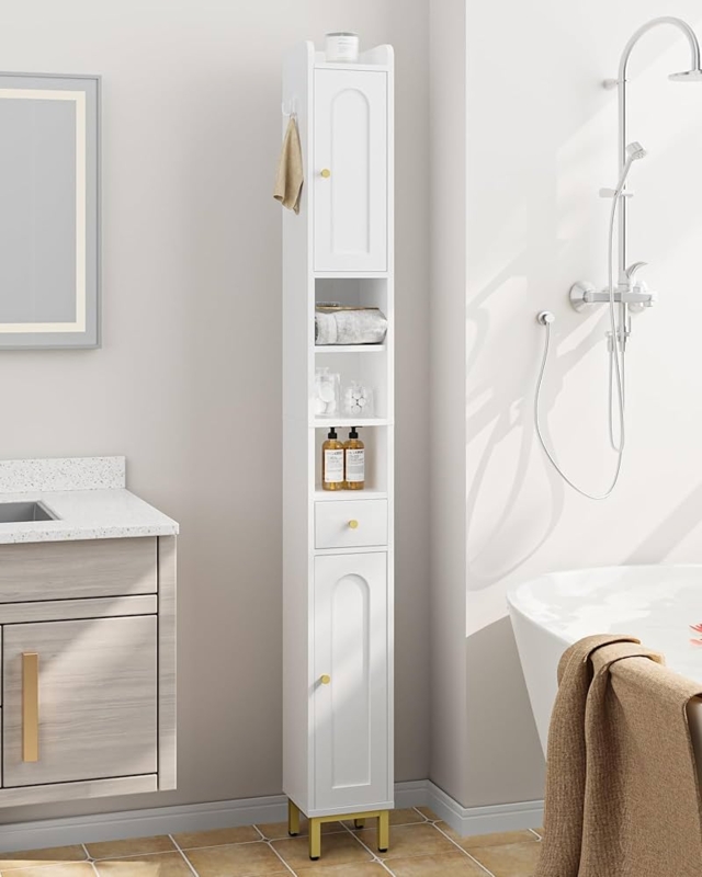 Bathroom Cabinet Narrow Profile, Recessed Panel Doors, Freestanding