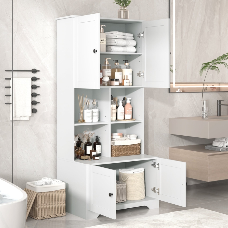 Bathroom Cabinet Open Middle Shelf, Glass Upper Doors, Tall