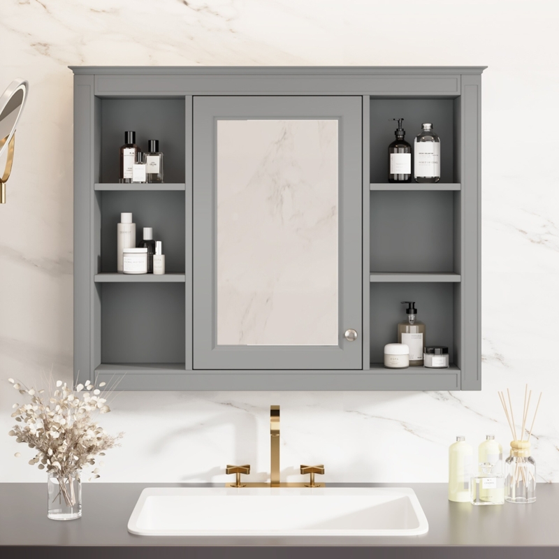 Bathroom Cabinet Wall Mounted Integrated Mirror Six Open Cubbies White