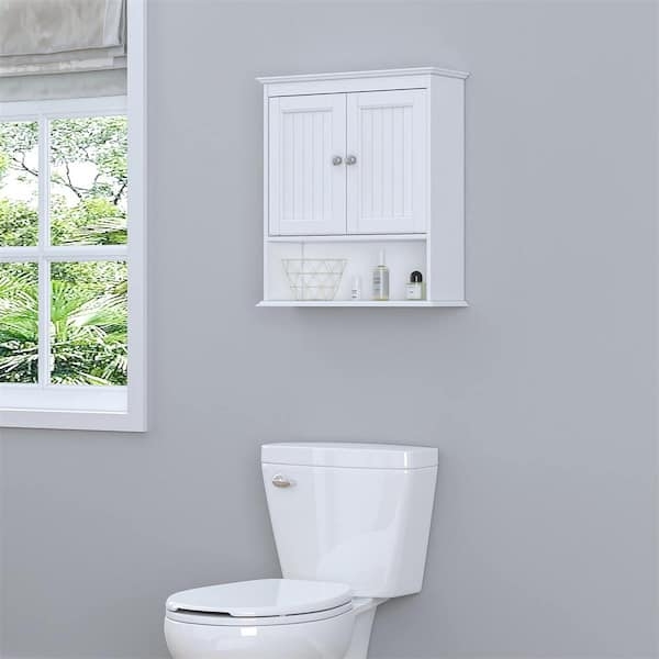 Bathroom Cabinet: White with Crown Molding & Frosted Glass Panels