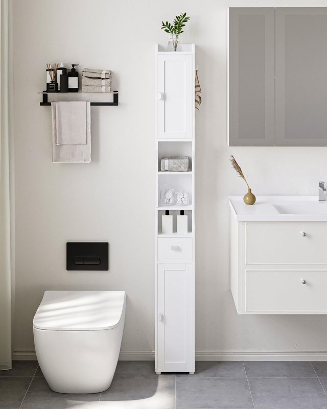 Bathroom Cabinet with Louvered Doors, Tall White Narrow Storage