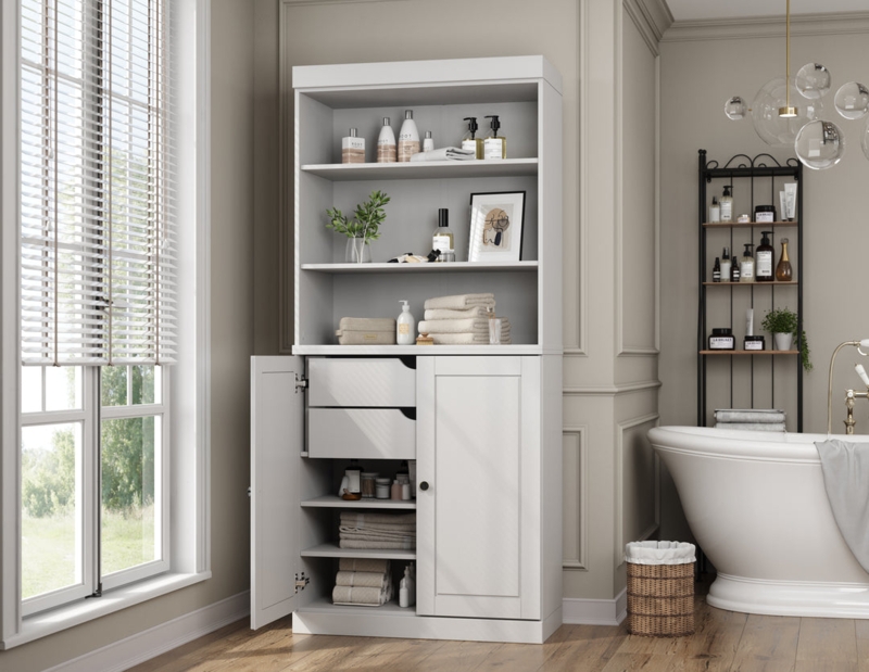 Bathroom Cabinet with Recessed Panels and Two Drawers in White