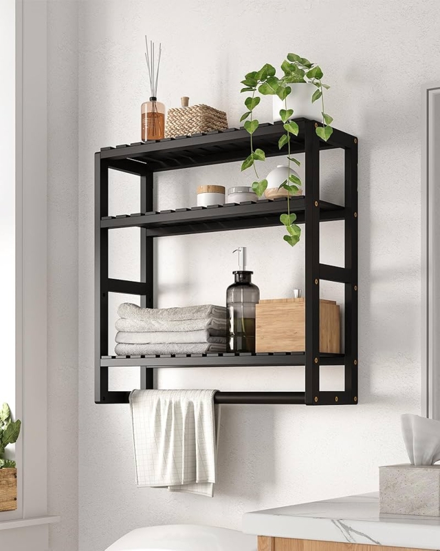 Bathroom Shelf Black Bamboo Three Tier with Hanging Rod Towel Rack