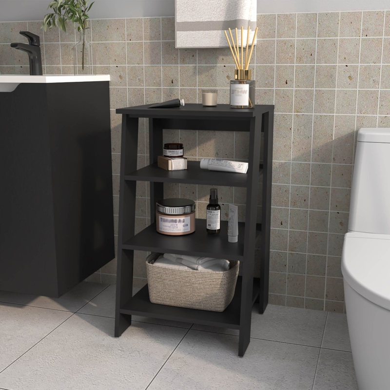 Bathroom Shelf Black Laminate Three Tier Open Storage, Freestanding Unit
